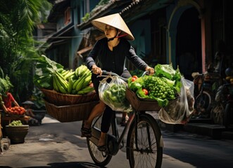 Local Woman Cycling Through Street Market with Fresh Produce - obrazy, fototapety, plakaty