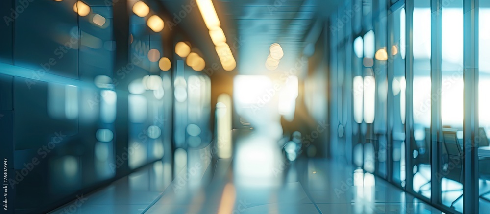 Wall mural A blurred image of a hallway in a city office building with floortoceiling windows, showcasing the reflection of electric blue sky outside