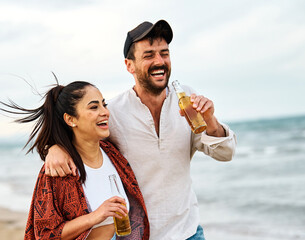 fun beach summer youth friend young woman group friendship happiness drink beer vacation sea couple together man lifestyle holiday - 763074339
