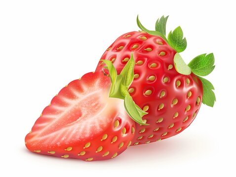 Close-up of a ripe strawberry with a sliced section, isolated on white.
