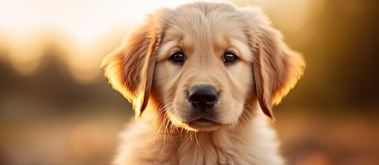 A closeup of a golden retriever puppy, a dog breed in the Sporting Group. Its fawn fur and adorable snout make it a popular companion dog in the Canidae family - obrazy, fototapety, plakaty
