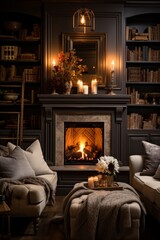 A cozy corner fireplace surrounded by built-in bookshelves, plush seating, and warm lighting