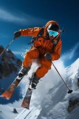 A man in an orange snow suit is skiing down a mountain, showcasing his skills as he maneuvers through the snowy terrain - obrazy, fototapety, plakaty