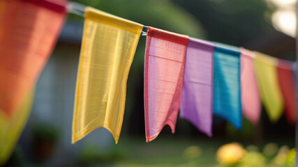 Colorful string flags in the garden for birthday party. Outdoor event decoration.	
