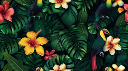 Seamless pattern tropical rainforests  with colourful birds and flowers - obrazy, fototapety, plakaty
