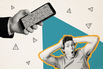 Trend artwork sketch image composite 3D photo collage of young surprised guy socked look huge hand...