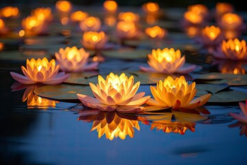 Lotus vesak lanterns floating on water with light reflection and copy space - generative ai - obrazy, fototapety, plakaty