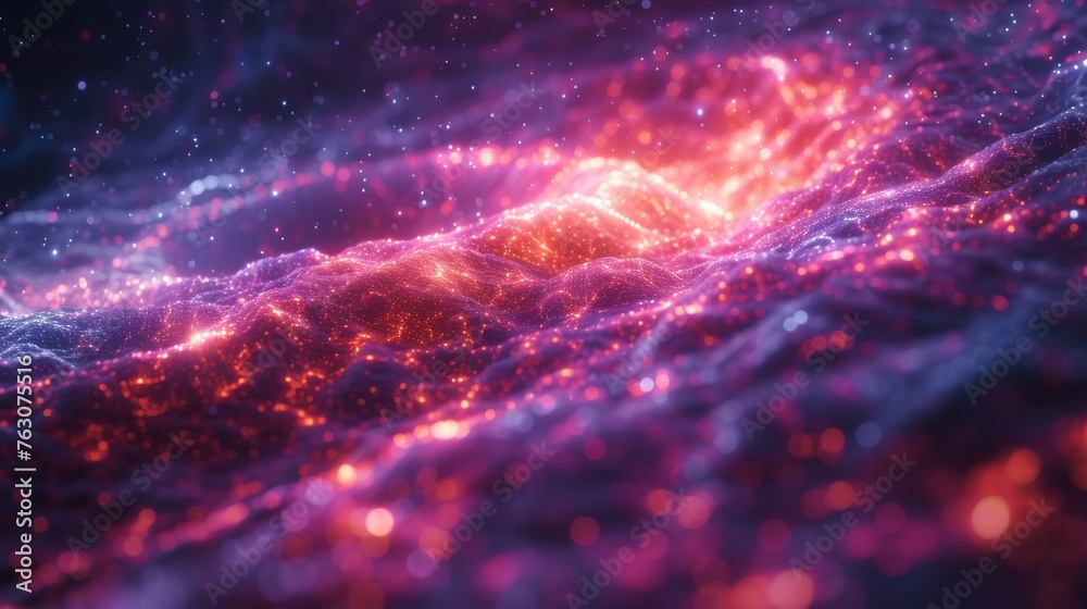 Poster future space particles in bright round energy structures. abstract colorful lights background animat