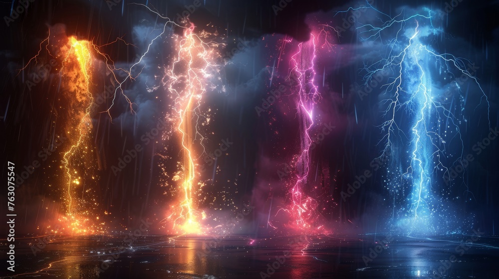 Poster Lightning and lightning effect, lightning and thunderstorm, lightning and thunder, abstract, light and shine, electricity and explosion, modern illustration, eps 10