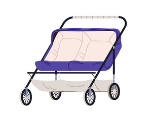 Double pram. Tandem pushchair, twin baby carriage. Empty kids buggy, stroller for newborn children. Summer carrier with two seats, model. Flat vector illustration isolated on white background