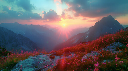 pink spring sunset in the mountains