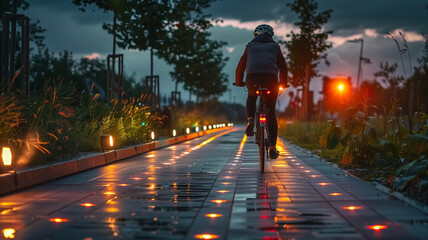A cyclist using a solar-powered bike lane for night riding