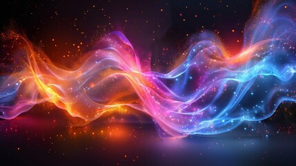 Modern illustration of neon shape wave, abstract light effect modern. Wavy glowing bright flowing curve lines, magic glow energy stream motion with particle isolated on transparent black background.