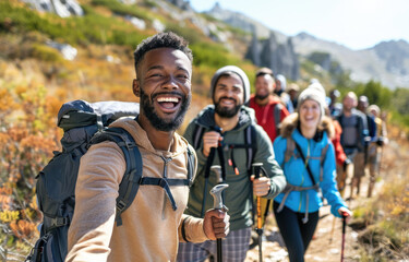 Happy group of friends hiking and smiling while holding walking sticks on mountain path