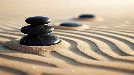 In the spa therapy concept of harmony and balance, Zen stones with lines are placed on sand.