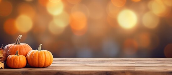 Three pumpkins, in shades of orange and calabaza, rest on a wooden table. These natural foods...