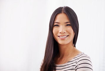 Asian girl, portrait and office for creative business as copywriter for company or agency. Japanese...