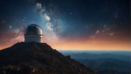 Photoreal as Stargazers Summit Concept As A lone observatory atop a peak surrounded by a sky bursting with nebulae and star clusters, Full depth of field, clean light - obrazy, fototapety, plakaty