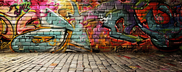 Colorful abstract graffiti adorns a brick wall, creating a vibrant and dynamic background. - obrazy, fototapety, plakaty