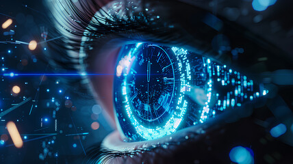 A close up of a blue eye with a clock in the center. The eye is surrounded by a blurry background...