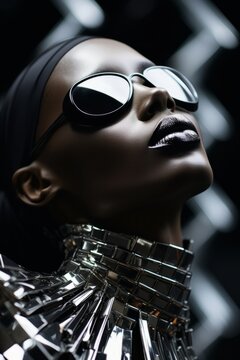 A woman with sunglasses resting atop her head, and a chain around her neck, showcasing a stylish and edgy look