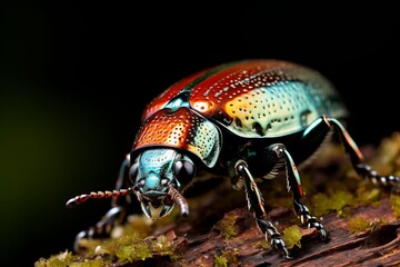 A vibrant beetle with multiple colors is sitting on top of a piece of wood. The bug appears to be stationary, showcasing its intricate features under natural light