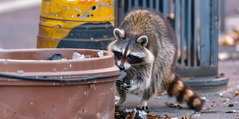 Urban Raccoon Scavenging in Trash Can. Raccoon going through garbage and looking for food in trash bin on city street. - obrazy, fototapety, plakaty