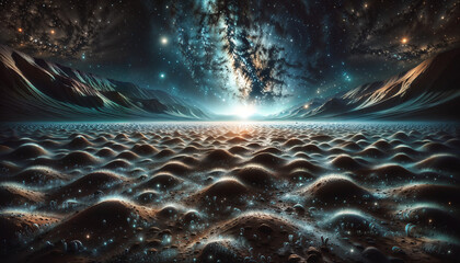 Alien Desert Twilight: Bioluminescent Life Forms under a Cosmic Sky - obrazy, fototapety, plakaty