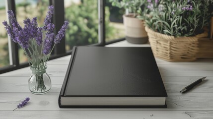 Elegant black notebook cover mockup with lavender flowers on minimalist background  