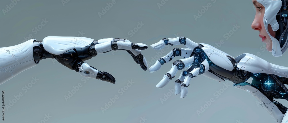 Leinwandbilder A robot and a human interacting in a virtual interface using artificial intelligence technology. Science and innovation, future, science and innovation.