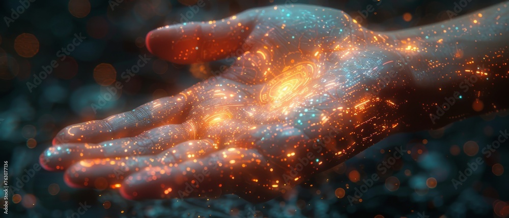 Poster Conceptual image of a woman touching the metaverse universe, Digital transformation for the next generation of technology.