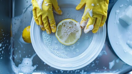 Washing a plate with sponge and protective gloves - obrazy, fototapety, plakaty