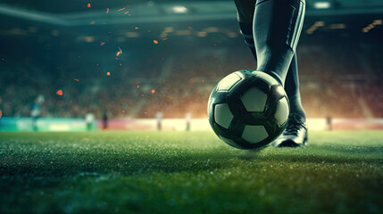 Close up of football player leg action in running game at football stadium arena for match with spotlight. Soccer sport background, green grass field