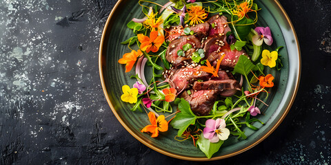 Man eating steak salad with grilled beef; arugula; carrot and seeds. healthy food, 
