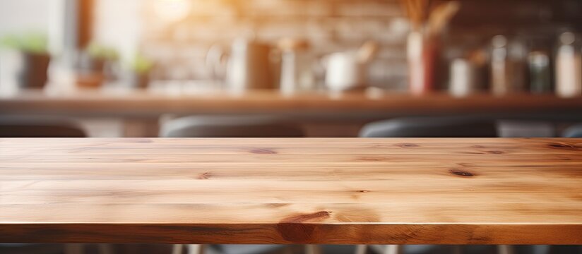 A hardwood table with a wood stain finish is prominently displayed in the foreground, while the background is a blur of building materials and lumber