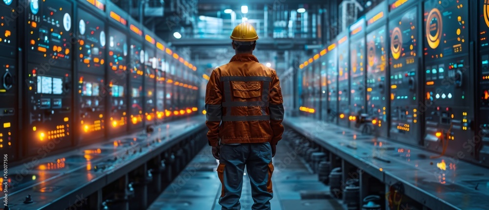 Poster In the Industry 4.0 technology trend, engineers and managers are monitoring the real-time automation process of the machines in a smart factory.