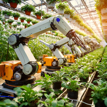 Group of automated industrial robotic arms picking up plants in a greenhouse, smart farming concept. Generative Ai.