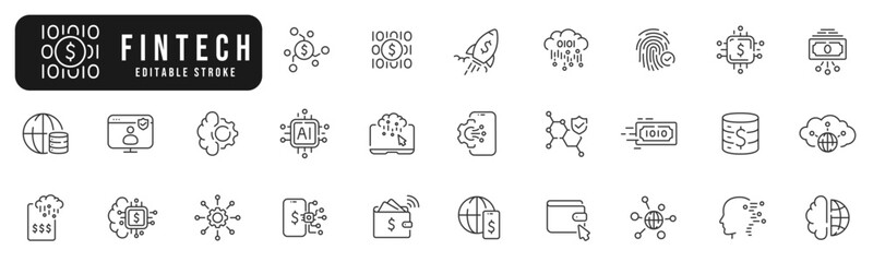 Set of fintech related line icons. Cloud, money, dollar, computer, finance, wallet etc. Editable stroke