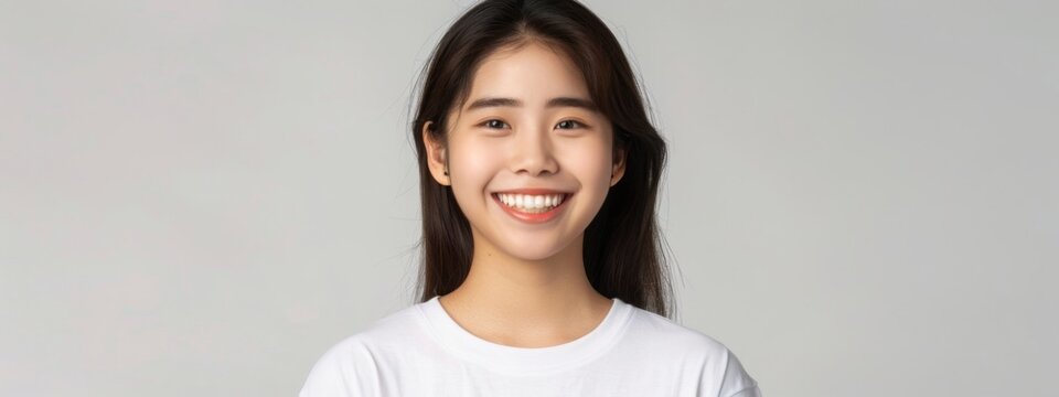 Beautiful korean girl smiling, white teeth, looking lovely at camera, standing in white tshirt over studio background