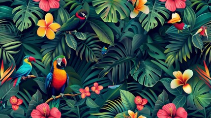 Seamless pattern tropical rainforests  with colourful birds and flowers - obrazy, fototapety, plakaty