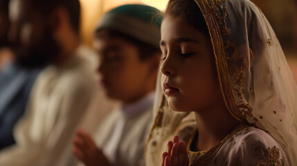 A portrait of a  Young Girl and Her Family United in Prayer at the Mosque, Illuminated by the Serene Light of Faith - obrazy, fototapety, plakaty