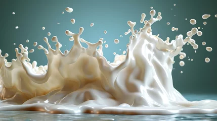Fototapeten A realistic illustration of milk splashed on a blue background. Natural dairy products like yogurt or cream are splashed in a crown splash with drops or various swirls, for packaging design. © Mark