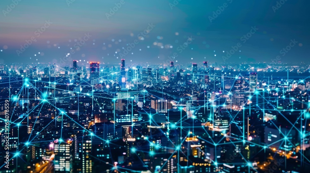 Poster The concept of modern cities and communication networks. Big data. 5G. Communication networks. IoT (Internet of Things). ICT (Information Communications Technology). The concept of smart cities.
