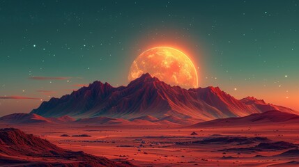 Located on the red desert surface of Mars is a mountain range, craters, Saturn and stars shining on the green sky, creating a beautiful martian setting for a computer game. Cartoon illustration of a - obrazy, fototapety, plakaty