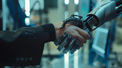 A robot hand shakes a human hand. The robot is made of metal and has a human-like appearance. The scene is set in a futuristic environment, with a computer monitor in the background - obrazy, fototapety, plakaty