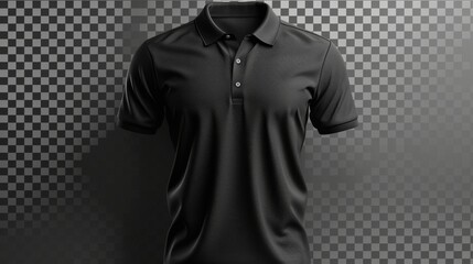 This mockup shows a front and back view of a male black polo shirt with short sleeves and a collar, and is isolated on a transparent background.