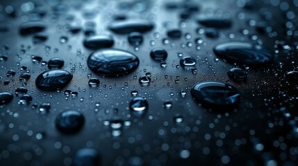 Rain droplets on dark glass surface, abstract wet texture, scattered pure aqua blobs pattern. Realistic 3d modern illustration.