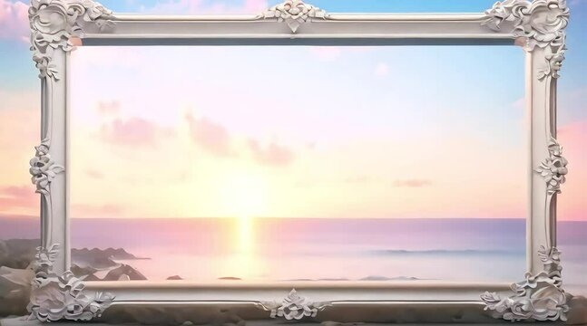 An empty frame on a wall with a mural of a serene beach at sunset.