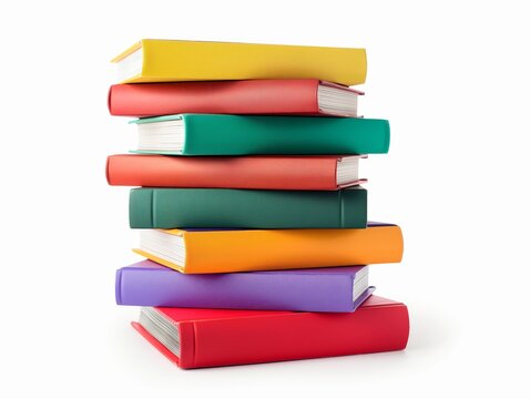 A neatly stacked pile of vibrant, colorful hardcover books isolated on a white background.