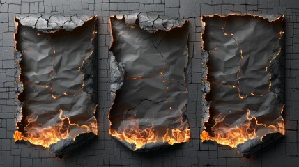 Burnt edges of paper with fire and black ash. Modern realistic set of borders and frames derived from scorched and smoldering paper.